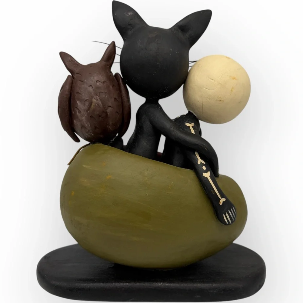 Whimsical Julie Karanik Signed Black Cat  Owl‎ Skeleton Halloween Numbered 9”